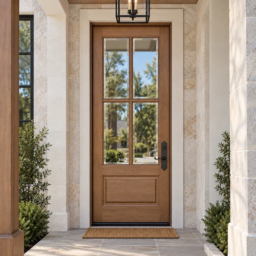42" x 96" mahogany Andalucia 4 lite front door with clear beveled glass and a raised bottom panel.