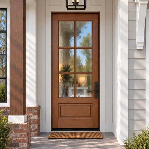 42" x 96" mahogany Andalucia 6 lite front door with clear beveled glass and a raised bottom panel