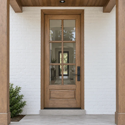 42" x 96" mahogany Andalucia 6 lite front door with clear bevel glass on a white farmhouse porch with brick steps in afternoon light.