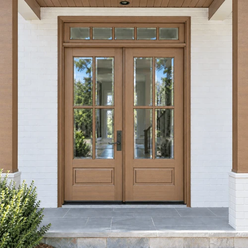 Mahogany 4 Lite double entry door with transom featuring True Divided Lite clear bevel glass for timeless elegance. Available at GrandEntryDoors.com.