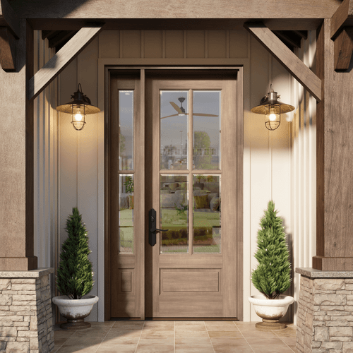 Mahogany 4 Lite single entry door with sidelight featuring clear bevel glass for a bright and elegant home entrance. Available at GrandEntryDoors.com.