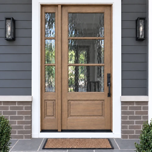 Beautiful Mahogany exterior wood front door with single sidelight and flemish Low-E glass. Available at GrandEntryDoors.com