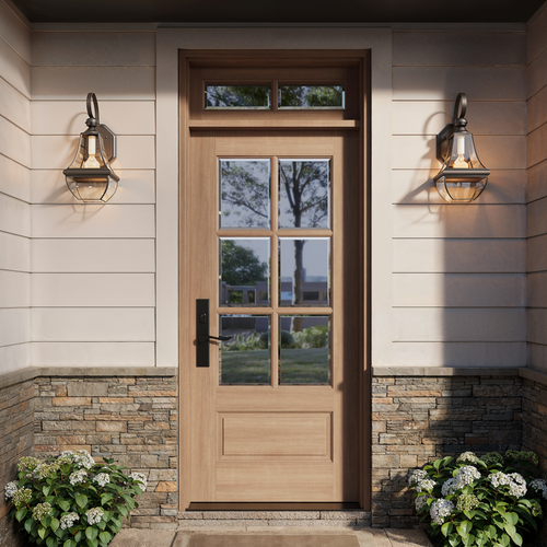Mahogany 6 Lite single entry door with 2 Lite transom featuring clear bevel glass for classic beauty and lasting appeal. Available at GrandEntryDoors.com.