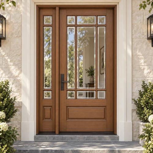 Mahogany 9 Lite prairie style single front entry door with matching sidelight featuring clear bevel glass for elegance and natural light. Available at GrandEntryDoors.com.