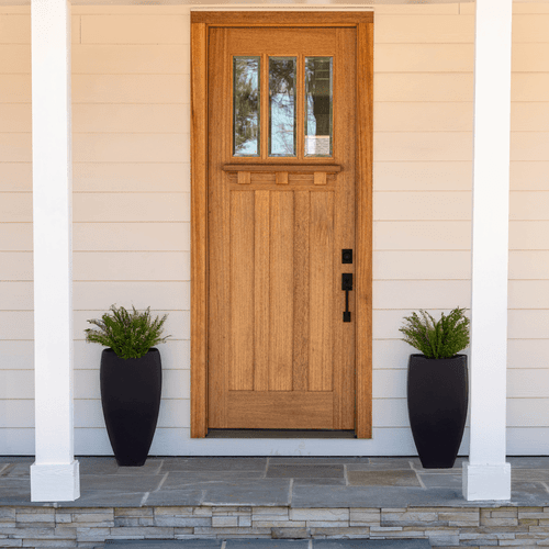 Mahogany 3 Lite single front entry door featuring clear bevel glass for natural light, warmth, and timeless craftsman style. Available at GrandEntryDoors.com.