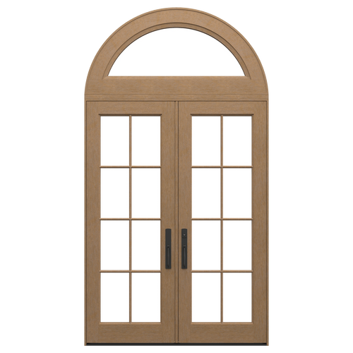 Impact rated double entry door with eight-lite divided lite glass on each door and a half-circle radius transom above, shown in white oak
