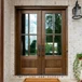 4 Lite mahogany double entry door with clear bevel glass and timeless True Divided Lite design. Available at GrandEntryDoors.com.