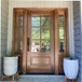 Grand Entry Doors Andalucia 6 Lite Entry Door with Sidelights | Glass as Shown: Clear Bevel | Wood Type: African Mahogany. Pictured Finished / Stained. All wooden front doors are priced and delivered as unfinished / not stained pre-hung units. No finish options available for shipped units. Grand Entry Doors Andalucia 6 Lite Entry Door with Sidelights | Glass as Shown: Clear Bevel | Wood Type: African Mahogany. Pictured Finished / Stained. All wooden front doors are priced and delivered as unfinished / not stained pre-hung units. No finish options available for shipped units.