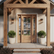 Mahogany front door with sidelights and 6-lite Flemish glass on porch with wood beams. Mahogany front door with sidelights and 6-lite Flemish glass on porch with wood beams.