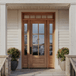 Grand Entry Doors Andalucia 6-Lite True Divided Lite Entry Door with Sidelights and Transom | Wood Type: African Mahogany, Glass (as pictured): Flemish | Pictured Finished / Stained.  All wooden front doors are priced and delivered as unfinished / not stained pre-hung units. No finish options available for shipped units. Grand Entry Doors Andalucia 6-Lite True Divided Lite Entry Door with Sidelights and Transom | Wood Type: African Mahogany, Glass (as pictured): Flemish | Pictured Finished / Stained.  All wooden front doors are priced and delivered as unfinished / not stained pre-hung units. No finish options available for shipped units.