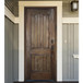 Arched two panel African Mahogany single entry door with vertical V groove panel detailing. Available at Grandentrydoors.com.