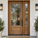 Mahogany 4 Lite single entry door with single sidelight featuring flemish glass for a bright, elegant home entrance. Available at GrandEntryDoors.com.