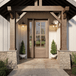 Beautiful 4 Lite mahogany door with clear bevel glass and single sidelight shown on a covered porch. Available at Grandentrydoors.com. Beautiful 4 Lite mahogany door with clear bevel glass and single sidelight shown on a covered porch. Available at Grandentrydoors.com.