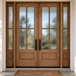 Close-up of a Mahogany 4 Lite double door with sidelights and flemish glass in daytime light.