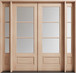 Beautiful wood double entry door with sidelights and Clear Bevel or Flemish textured Low-E glass.