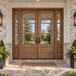 Mahogany 1W3H double door with sidelights and clear beveled glass in bright daytime light.