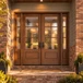 Mahogany 1W3H double door with sidelights and textured Flemish glass glowing in warm golden hour light.