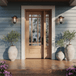 Grand Entry Doors Andalucia 9 Lite Entry Door with Sidelight | Glass as Shown: Clear Bevel | Wood Type: African Mahogany. Pictured Finished / Stained. All wooden front doors are priced and delivered as unfinished / not stained pre-hung units. No finish options available for shipped units. Grand Entry Doors Andalucia 9 Lite Entry Door with Sidelight | Glass as Shown: Clear Bevel | Wood Type: African Mahogany. Pictured Finished / Stained. All wooden front doors are priced and delivered as unfinished / not stained pre-hung units. No finish options available for shipped units.