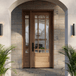 Grand Entry Doors Andalucia 9 Lite Entry Door with Sidelight | Glass as Shown: Clear Bevel | Wood Type: African Mahogany. Pictured Finished / Stained. All wooden front doors are priced and delivered as unfinished / not stained pre-hung units. No finish options available for shipped units. Grand Entry Doors Andalucia 9 Lite Entry Door with Sidelight | Glass as Shown: Clear Bevel | Wood Type: African Mahogany. Pictured Finished / Stained. All wooden front doors are priced and delivered as unfinished / not stained pre-hung units. No finish options available for shipped units.