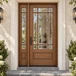 Mahogany 9 Lite prairie style single front entry door with matching sidelight featuring clear bevel glass for elegance and natural light. Available at GrandEntryDoors.com.