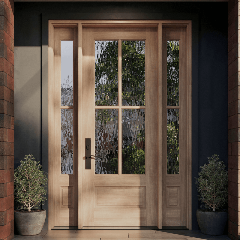 Elegant 4 Lite mahogany front door with matching sidelights that enhance curb appeal and brightness. Available at GrandEntryDoors.com.