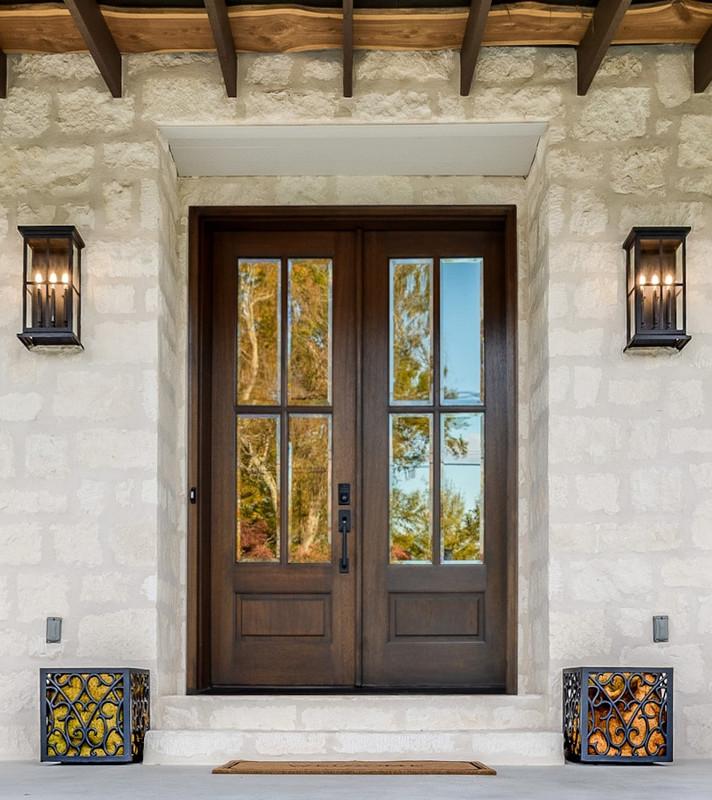 Beautiful mahogany double door with 4 Lite True Divided Lite construction and clear glass. Available at GrandEntryDoors.com.