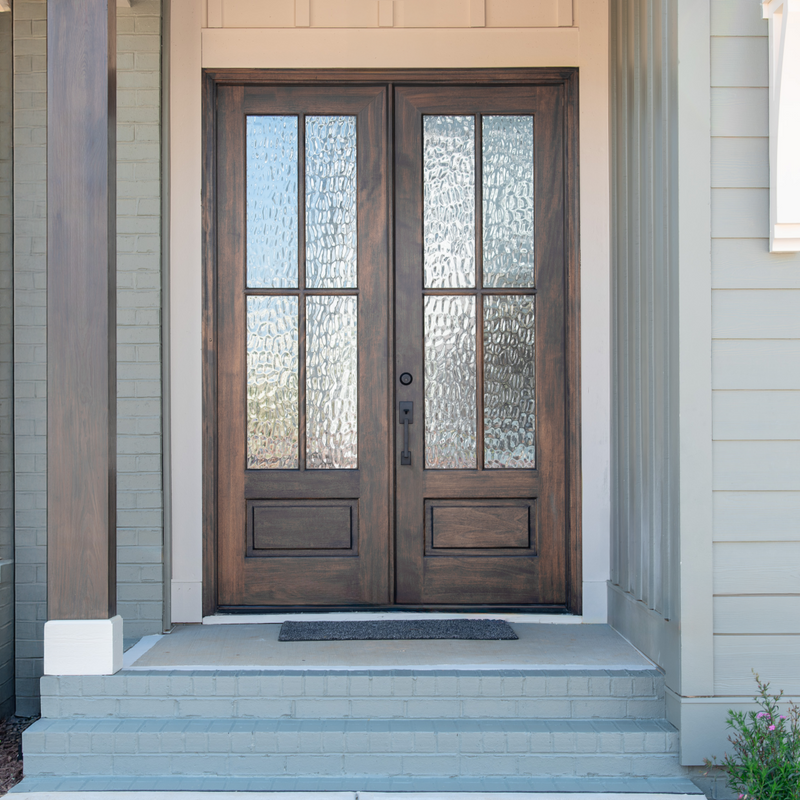 4 Lite mahogany double entry door featuring flemish glass for a bright, refined entrance. Available at GrandEntryDoors.com. 4 Lite mahogany double entry door featuring flemish glass for a bright, refined entrance. Available at GrandEntryDoors.com.