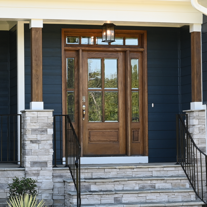 Stylish 4 Lite wood entry door with clear bevel glass sidelights and transom on a front porch with blue siding. Available at Grandentrydoors.com. Stylish 4 Lite wood entry door with clear bevel glass sidelights and transom on a front porch with blue siding. Available at Grandentrydoors.com.