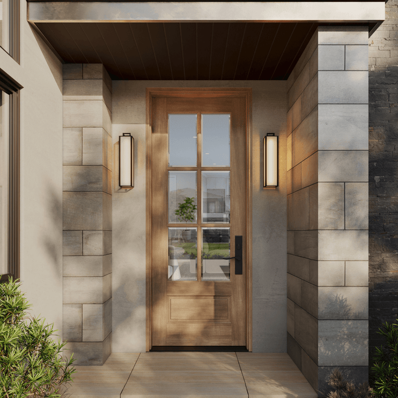 Mahogany single entry door with 6-lite glass, elegant wood front door for curb appeal upgrade. Mahogany single entry door with 6-lite glass, elegant wood front door for curb appeal upgrade.