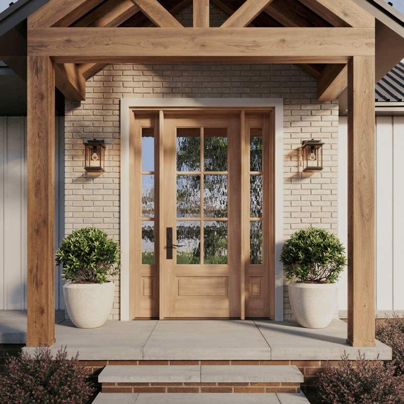 Mahogany front door with sidelights and 6-lite Flemish glass on porch with wood beams. Mahogany front door with sidelights and 6-lite Flemish glass on porch with wood beams.