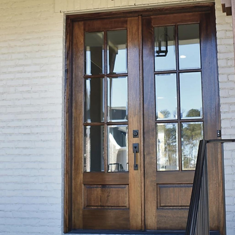 Mahogany 6 Lite double entry door showcasing True Divided Lite craftsmanship and elegant wood grain. Available at GrandEntryDoors.com.