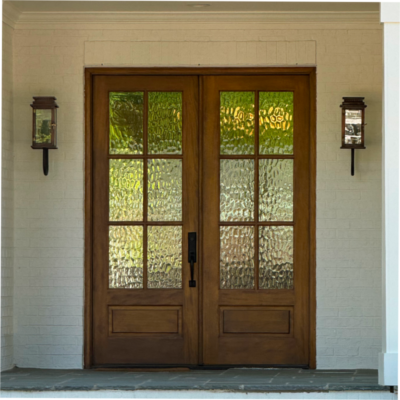 Handcrafted mahogany 6 Lite double entry door designed for modern farmhouse or traditional homes. Available at GrandEntryDoors.com.