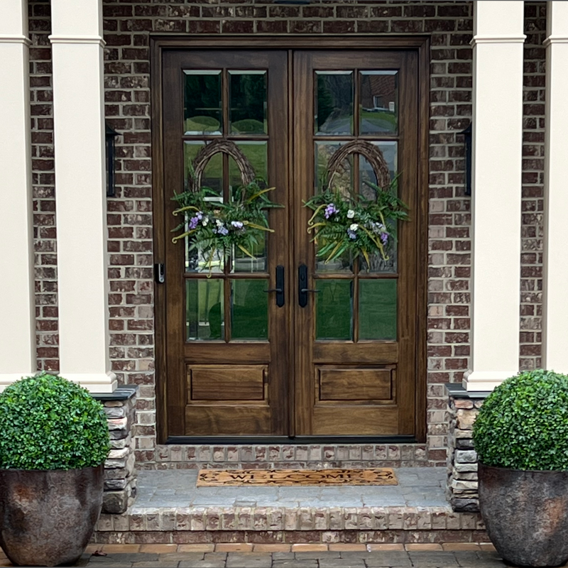 Grand Entry Doors Andalucia 8-Lite True Divided Lite Double Entry Door Grand Entry Doors Andalucia 8 Lite Entry Door | Wood Type: African Mahogany, Glass (as pictured): Clear Bevel | Pictured Finished / Stained.  All wooden front doors are priced and delivered as unfinished / not stained pre-hung units. No finish options available for shipped units. Grand Entry Doors Andalucia 8-Lite True Divided Lite Double Entry Door Grand Entry Doors Andalucia 8 Lite Entry Door | Wood Type: African Mahogany, Glass (as pictured): Clear Bevel | Pictured Finished / Stained.  All wooden front doors are priced and delivered as unfinished / not stained pre-hung units. No finish options available for shipped units.