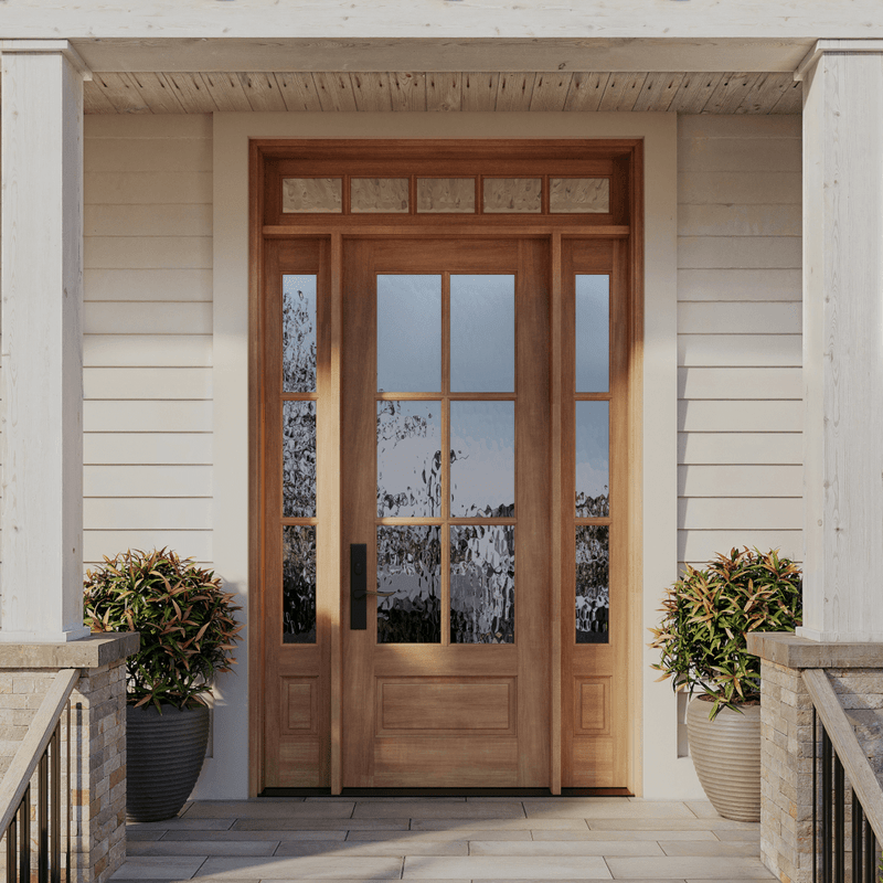 Grand Entry Doors Andalucia 6-Lite True Divided Lite Entry Door with Sidelights and Transom | Wood Type: African Mahogany, Glass (as pictured): Flemish | Pictured Finished / Stained.  All wooden front doors are priced and delivered as unfinished / not stained pre-hung units. No finish options available for shipped units. Grand Entry Doors Andalucia 6-Lite True Divided Lite Entry Door with Sidelights and Transom | Wood Type: African Mahogany, Glass (as pictured): Flemish | Pictured Finished / Stained.  All wooden front doors are priced and delivered as unfinished / not stained pre-hung units. No finish options available for shipped units.