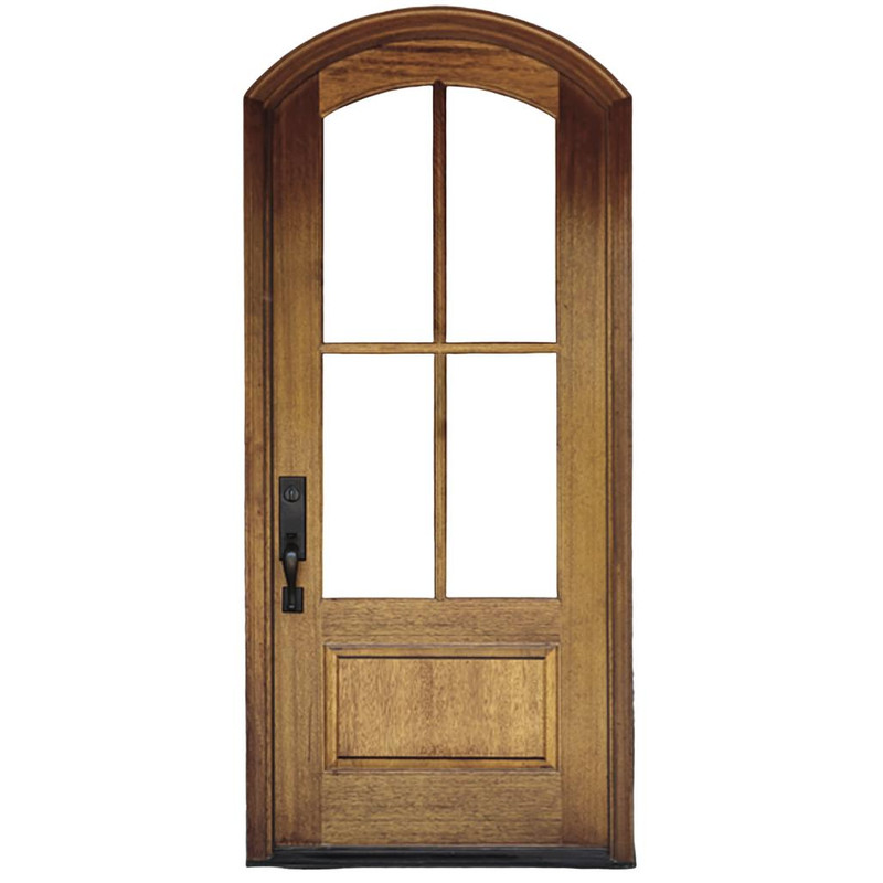 Grand Entry Doors Miranda 4 Lite Arch-Top Single Entry Door | Wood Species: Mahogany | Pictured Finished / Stained. All wooden front doors are priced and delivered as unfinished / not stained pre-hung units. No finish options available for shipped units.
