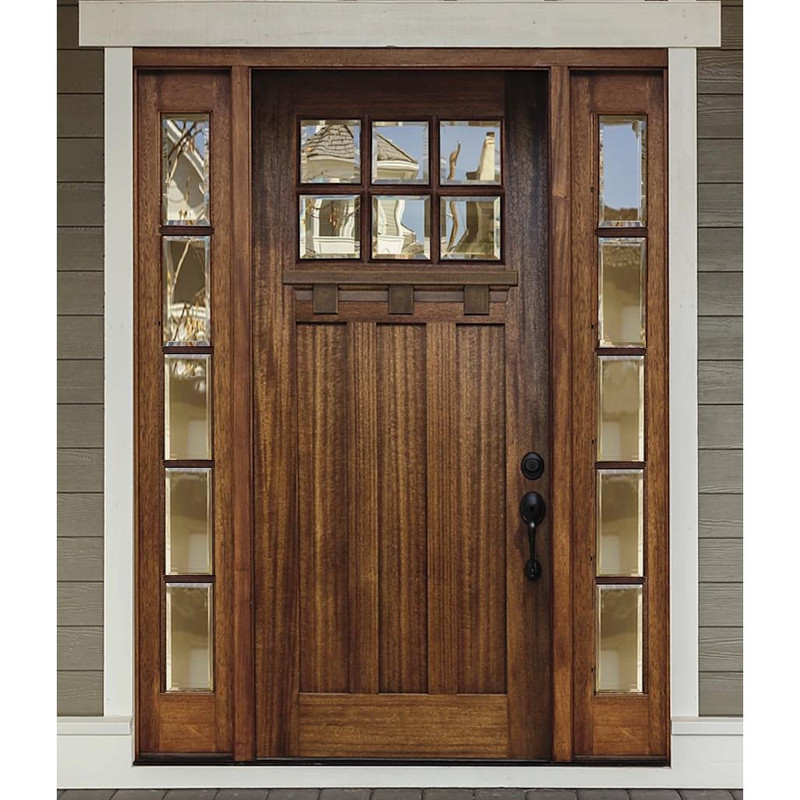 Mahogany Craftsman 6 Lite front door with 5 Lite full-length sidelights and clear bevel glass. Available at Grandentrydoors.com.
