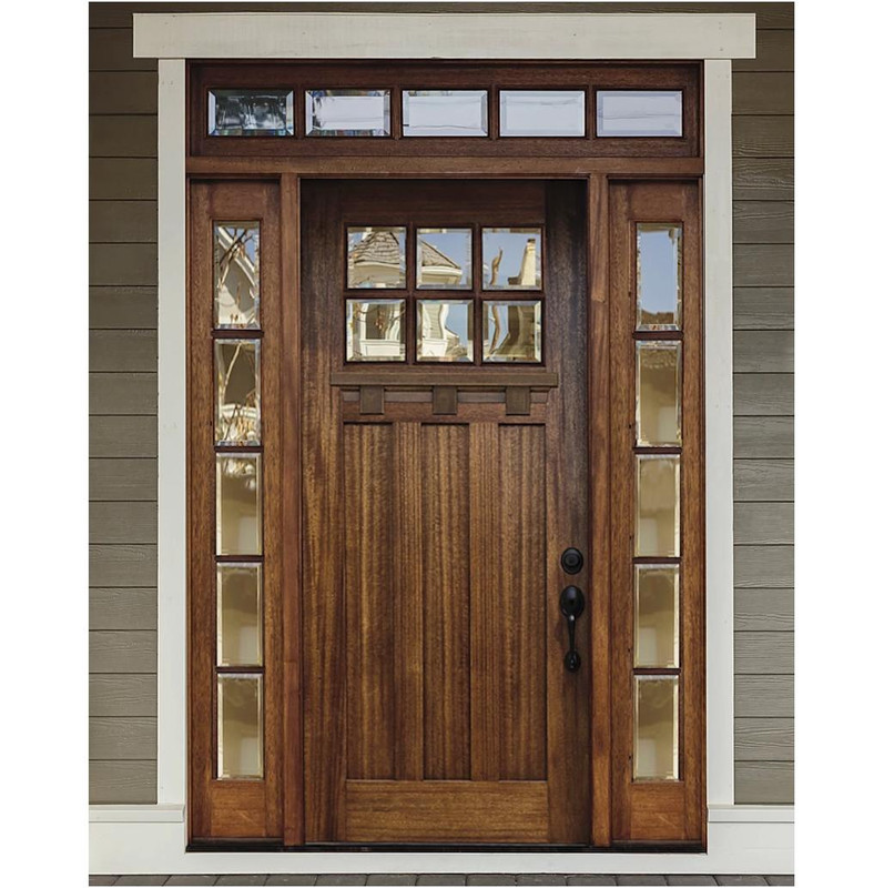 Mahogany Craftsman entry with 5 Lite sidelight and matching 5 Lite transom. Available at Grandentrydoors.com.