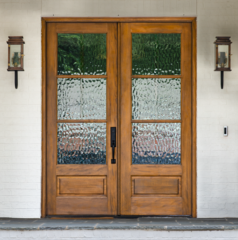 Grand Entry Doors Andalucia 3-Lite 1W3H True Divided Lite Double Entry Door | Wood Type: African Mahogany, Glass (as pictured): Flemish | Pictured Finished / Stained.  All wooden front doors are priced and delivered as unfinished / not stained pre-hung units. No finish options available for shipped units.