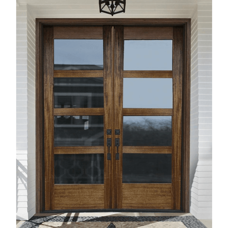 Mahogany 4 Lite double entry door with clear Low E glass showcasing rich wood grain and modern design, available at Grandentrydoors.com.