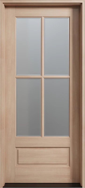 4 Lite oversized mahogany front entry door 42” x 96” allowing you to choose between clear bevel or Flemish glass for a custom look. Available at GrandEntryDoors.com.