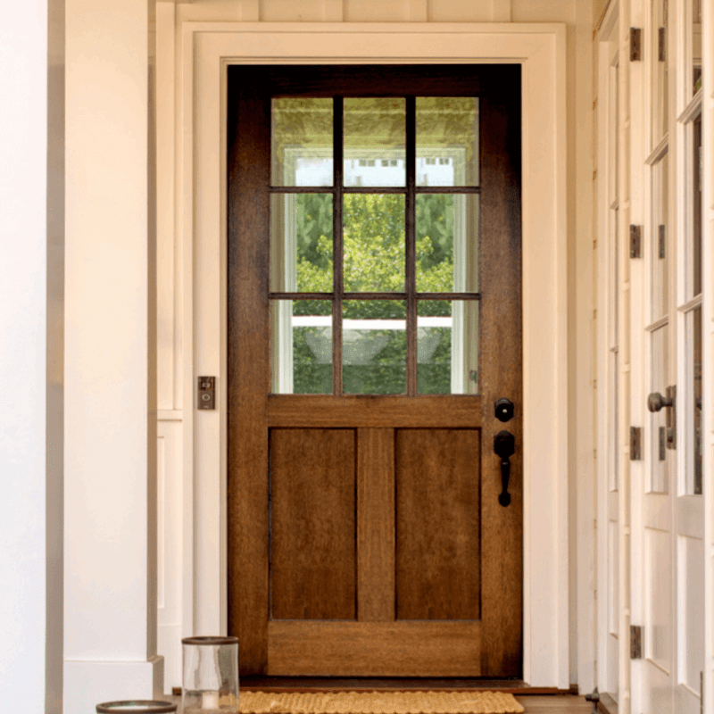 Grand Entry Doors Meridian 6-Lite True Divided Lite Single Entry Door | Wood Type: African Mahogany, Glass (as pictured): Clear Non-Bevel | Pictured Finished / Stained.  All wooden front doors are priced and delivered as unfinished / not stained pre-hung units. No finish options available for shipped units. Grand Entry Doors Meridian 6-Lite True Divided Lite Single Entry Door | Wood Type: African Mahogany, Glass (as pictured): Clear Non-Bevel | Pictured Finished / Stained.  All wooden front doors are priced and delivered as unfinished / not stained pre-hung units. No finish options available for shipped units.