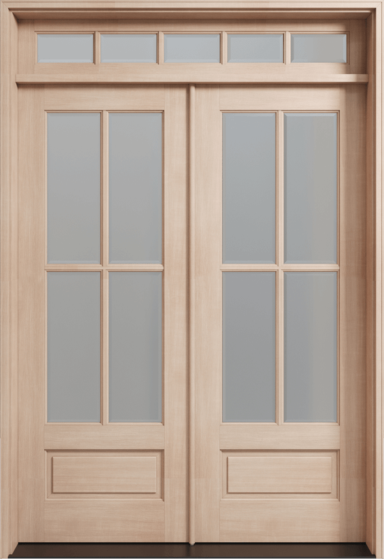 4 Lite mahogany double entry doors with transom and True Divided Lite clear bevel glass for a grand, light-filled entrance. Available at GrandEntryDoors.com.