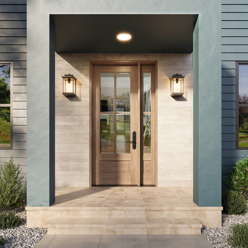 Beautiful 4 Lite mahogany single front door with matching sidelight that adds warmth, balance, and timeless curb appeal. Available at GrandEntryDoors.com.