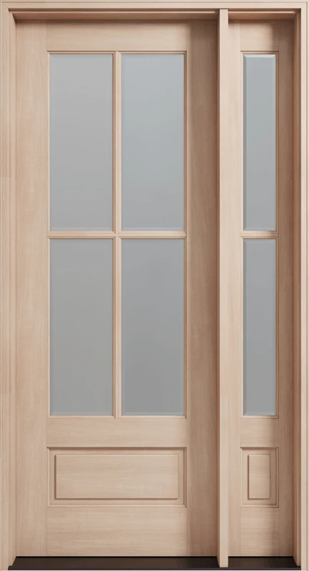 Mahogany 4 Lite single entry door with single sidelight and clear bevel or flemish glass. Available at GrandEntryDoors.com.