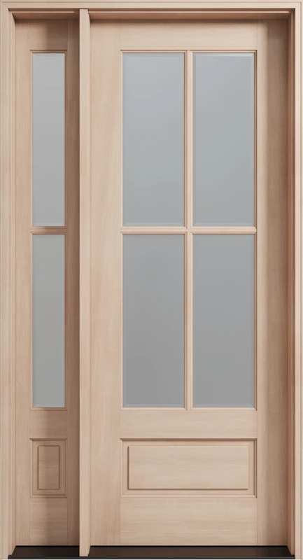 4 Lite mahogany single entry door with sidelight and clear bevel glass for lasting beauty and curb appeal. Available at GrandEntryDoors.com.