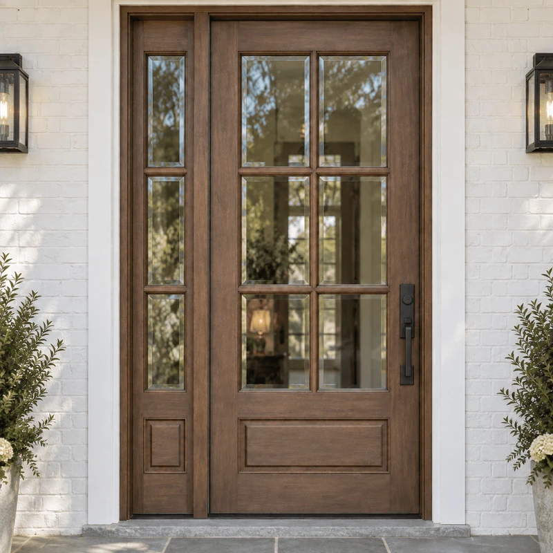 Andalucia mahogany 6 lite single entry door with left-hand sidelight and clear beveled glass