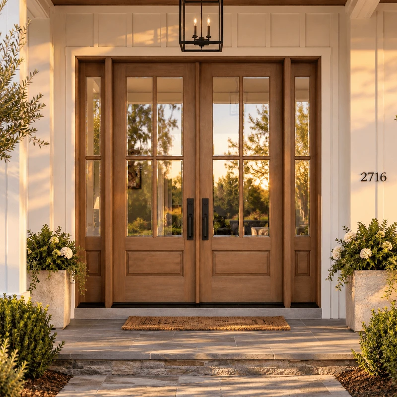Mahogany 4 Lite double door with sidelights and clear beveled glass glowing in warm golden hour light.