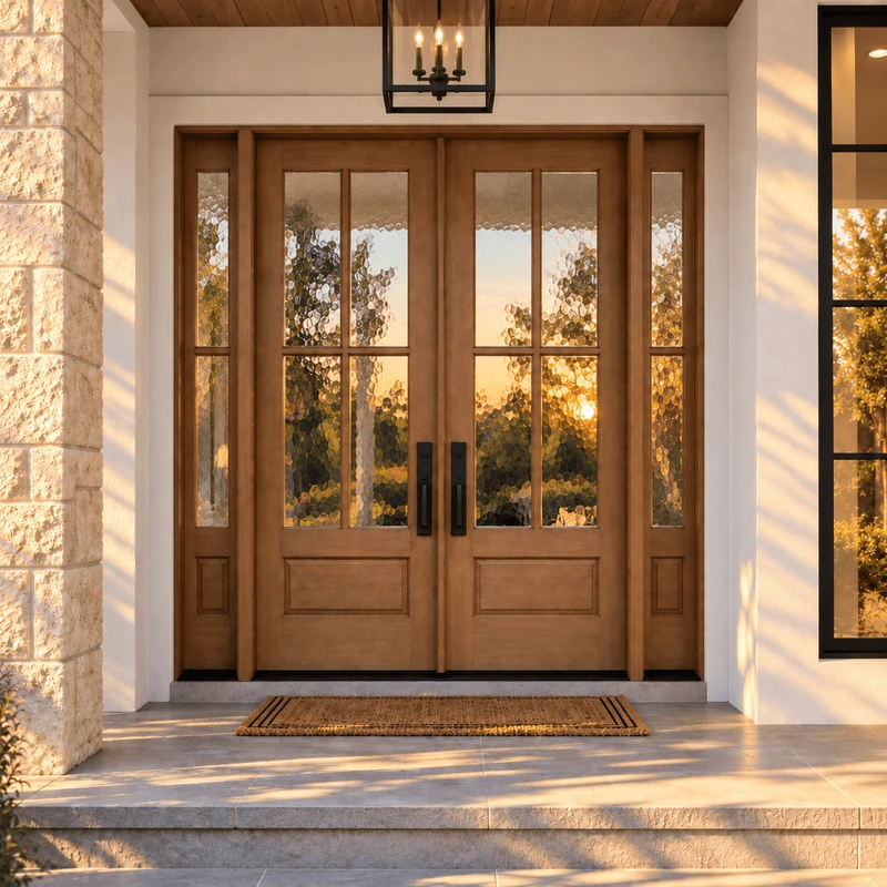 Mahogany 4 Lite double door with sidelights and textured Flemish glass glowing in warm golden hour light.