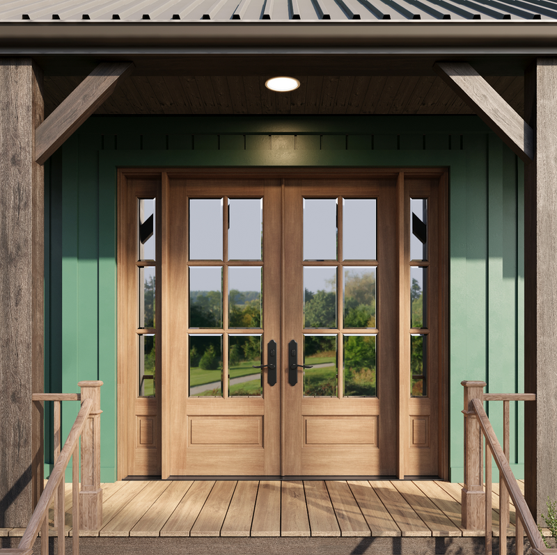 Grand Entry Doors Andalucia 6-Lite True Divided Lite Double Entry Door with Sidelights | Wood Type: African Mahogany, Glass (as pictured): Clear Bevel | Pictured Finished / Stained. All wooden front doors are priced and delivered as unfinished / not stained pre-hung units. No finish options are available for shipped units. Grand Entry Doors Andalucia 6-Lite True Divided Lite Double Entry Door with Sidelights | Wood Type: African Mahogany, Glass (as pictured): Clear Bevel | Pictured Finished / Stained. All wooden front doors are priced and delivered as unfinished / not stained pre-hung units. No finish options are available for shipped units.