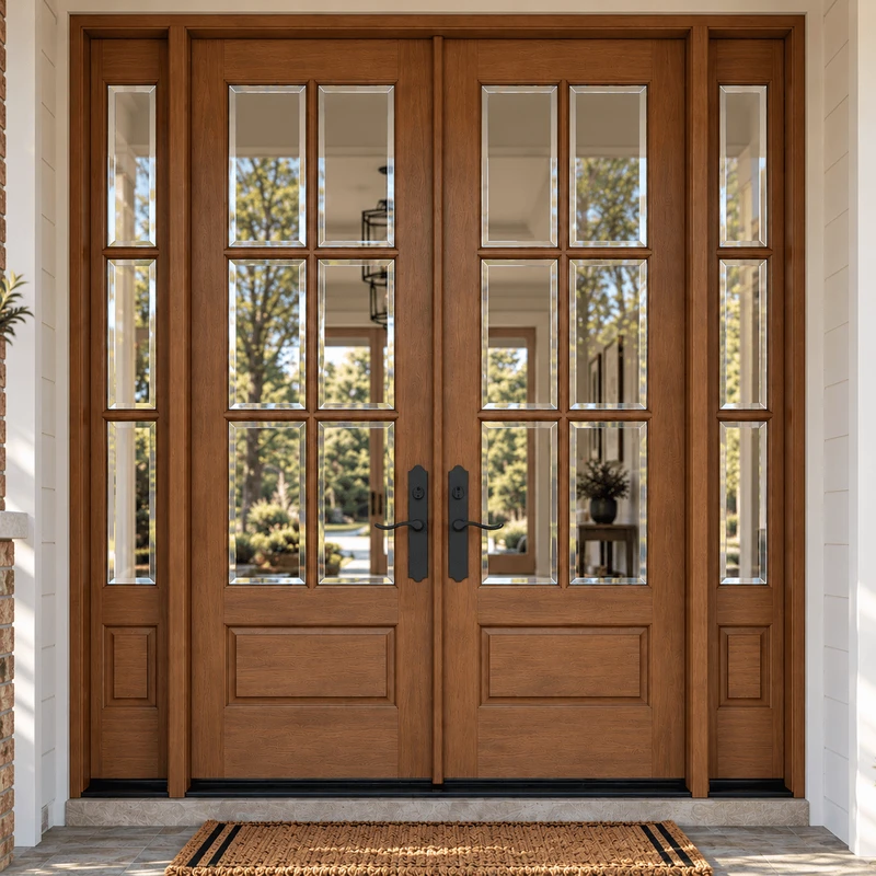 Mahogany 6 Lite double door with sidelights and clear beveled glass in afternoon light.